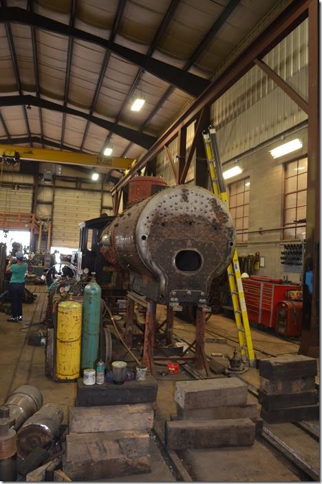 Rio Grande Southern 4-6-0 no. 20 is undergoing restoration to active service. This loco (originally Florence & Cripple Creek) is owned by the Colorado Railroad Museum. The boiler, shown here, was found to have previously undetected damage. Strasburg. 